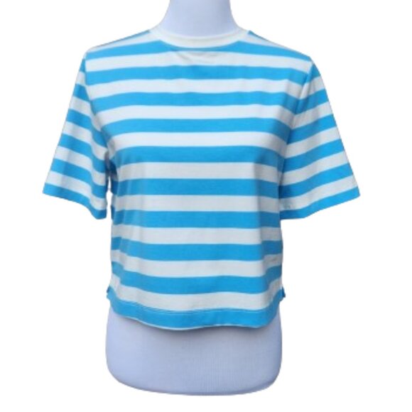a new day Striped Cropped Crewneck T-Shirt Light Blue White NWT Boxy - Picture 2 of 13